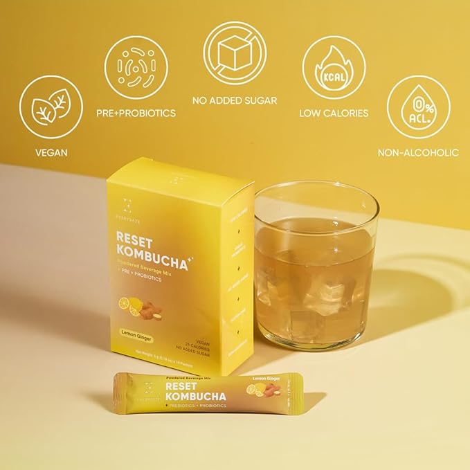 Everydaze Reset Kombucha Tea Powdered Beverage Mix | 10 Sticks | Prebiotics + Probiotics | Vegan | No Added Sugar, Gluten Free, Sparkling Powder Drink Pack (Lemon Ginger) (Pack of 2)