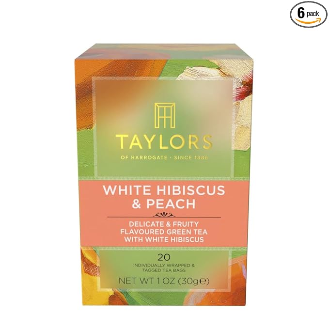 Taylors of Harrogate White Hibiscus & Peach, Green Tea Individually Wrapped Bags, 20 Count (Pack of 6), Delicate, Fruity and Sweet, Caffeinated, Enjoy Hot or Iced, 120 Teabags Total