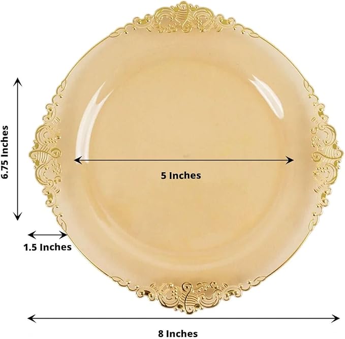 Efavormart 10 Pack | 8" Translucent Gold Baroque Dessert Plates, Leaf Embossed Metallic Rim Shatterproof Appetizer Plates for Festive Cocktail Hours
