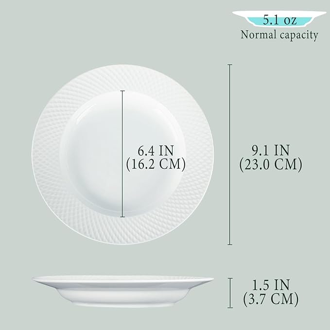 Ceramic soup bowl set of 4,5.1 ounce shallow bowl,White Dinner Bowls Plates,Porcelain wide-rimmed salad plate,Suitable for salads and pasta,Microwave and dishwasher safety