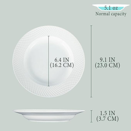 Ceramic soup bowl set of 4,5.1 ounce shallow bowl,White Dinner Bowls Plates,Porcelain wide-rimmed salad plate,Suitable for salads and pasta,Microwave and dishwasher safety