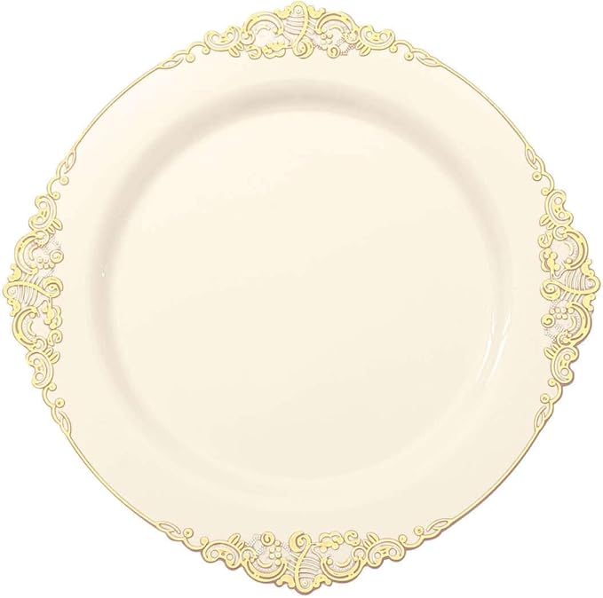 Efavormart 10 Pack | 8" Ivory and Gold Baroque Dessert Plates, Leaf Embossed Metallic Rim Heavy Duty Appetizer Plates for Vintage Shabby Chic Events