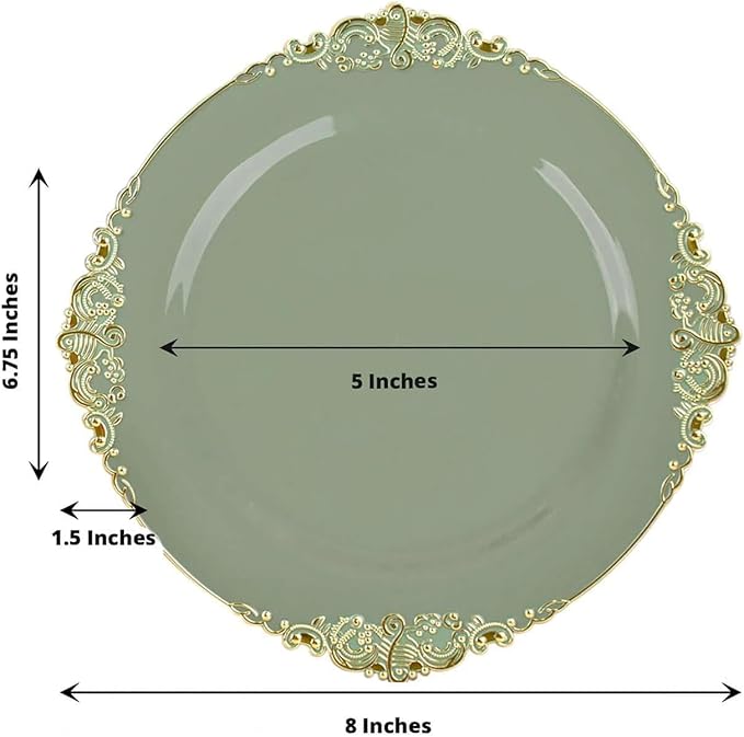 Efavormart 10 Pack | 8" Dusty Sage and Gold Baroque Dessert Plates, Leaf Embossed Metallic Rim Heavy Duty Appetizer Plates for Botanical Parties