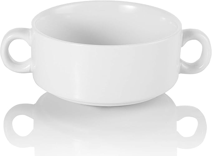 Foraineam Porcelain Bowls with Double Handles 10 Ounce White French Onion Soup Crocks Round Stackable Bowls for Soup, Cereal, Oatmeal, Set of 6