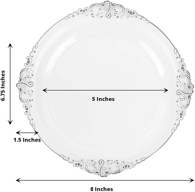 Efavormart 10 Pack | 8" Clear and Silver Baroque Dessert Plates, Leaf Embossed Metallic Rim Shatterproof Appetizer Plates for Modern Winter Galas