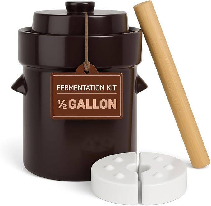 Humble House Fermentation Crock 1/2 Gallon Sauerkrock Sauerkraut Crock with Lid Weights & Pounder - Brown Ceramic Fermenting Crock Kit for Pickling Cabbage Kimchi Vegetables 2 Liter Fermentation Jar