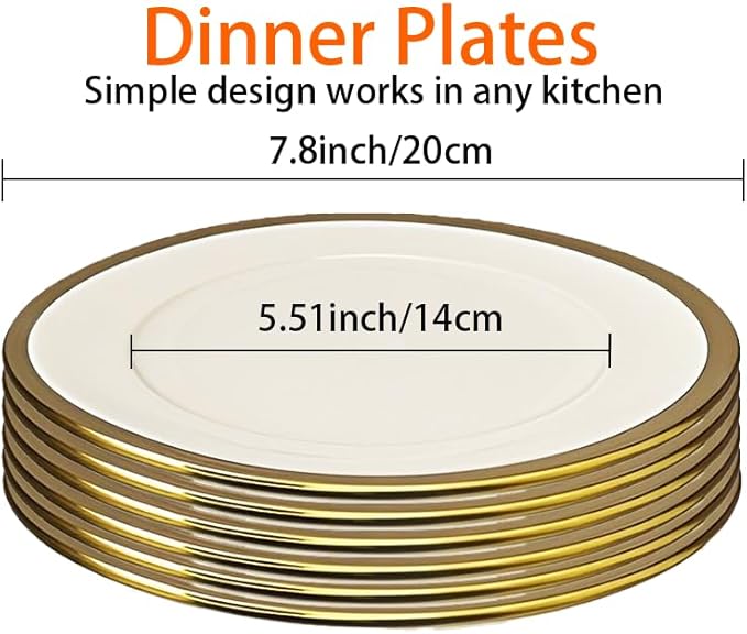 Salad & Dessert Plates, Set of 6, 8 inch, White Porcelain with Gold Trim, Elegant Ceramic Appetizer Plates for Bread, Snack and Finger Food, Round Serving Dishes for Wedding & Dinner Party