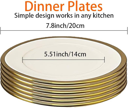 Salad & Dessert Plates, Set of 6, 8 inch, White Porcelain with Gold Trim, Elegant Ceramic Appetizer Plates for Bread, Snack and Finger Food, Round Serving Dishes for Wedding & Dinner Party