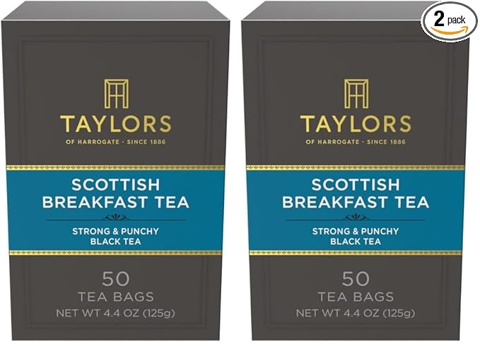 Taylors of Harrogate Scottish Breakfast Black Tea Individually Wrapped Bags, Strong, Malty and Full, Caffeinated, Enjoy Hot or Iced, 50 Teabags (Pack of 2)