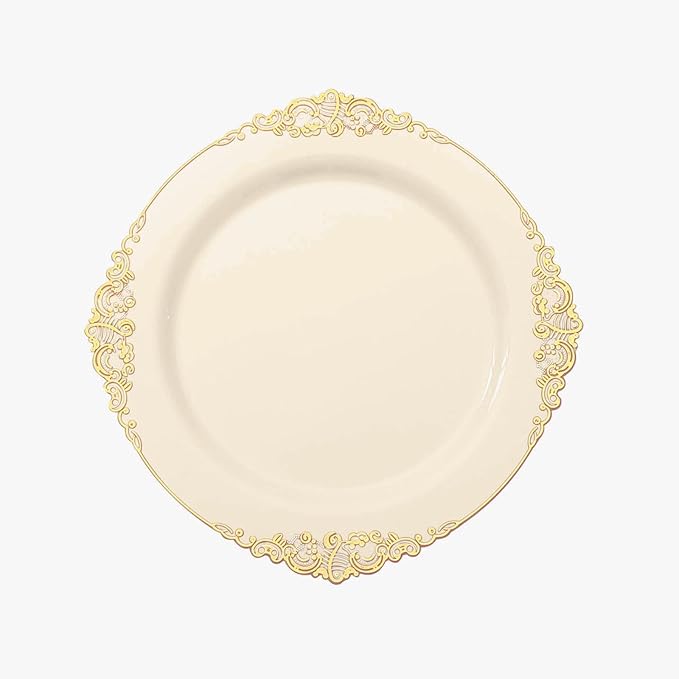 Efavormart 10 Pack | 10" Ivory and Gold Baroque Dinner Plates, Leaf Embossed Metallic Rim Heavy Duty Serving Plates for Traditional Holiday Banquets