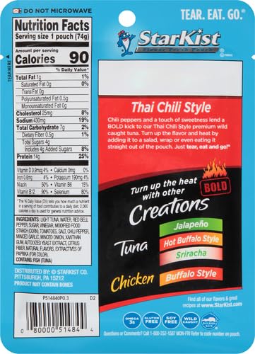 StarKist Tuna Creations BOLD Thai Chili Style Pouch (2.6 oz - 2 Pack) Wild Caught, High Protein Shelf Stable Seafood, Gluten Free, Soy Free, No Draining, Ready to Eat for Salads and Sandwiches