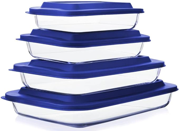8-Piece Glass Baking Dish Set with Plastic lids,Rectangular Glass Bakeware Set with Lids, Baking Pans for Lasagna, Leftovers, Cooking, Kitchen, Freezer-to-Oven and Dishwasher, Blue