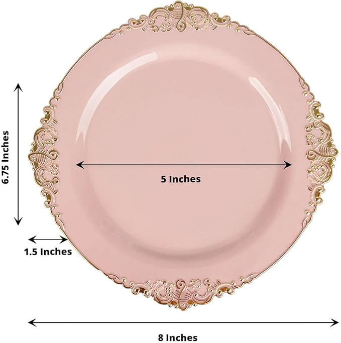 Efavormart 10 Pack | 8" Blush Rose and Gold Baroque Dessert Plates, Leaf Embossed Metallic Rim Heavy Duty Appetizer Plates for Romantic Showers