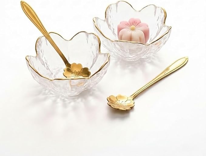 3.3” Small Sakura Dipping Bowls Set with Gold Spoons，Clear Glass Sauce Dishes with Gold Trim for Soy Sauce, Sushi, Snacks, and Party Appetizers （2 Bowls+2 Spoons）
