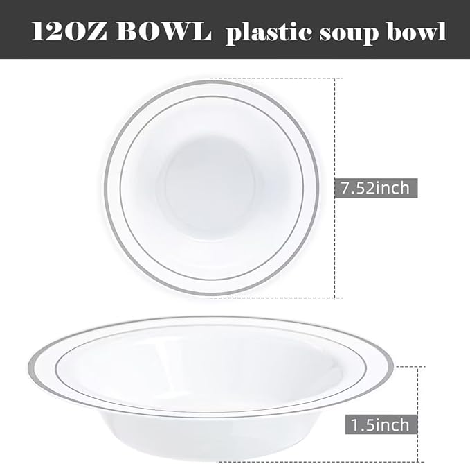 100 PCS Plastic Bowls with Silver Rim, 12oz Premium Heavy Duty Soup Bowls, Dessert and Salad Bowls for Party, Wedding and Holiday