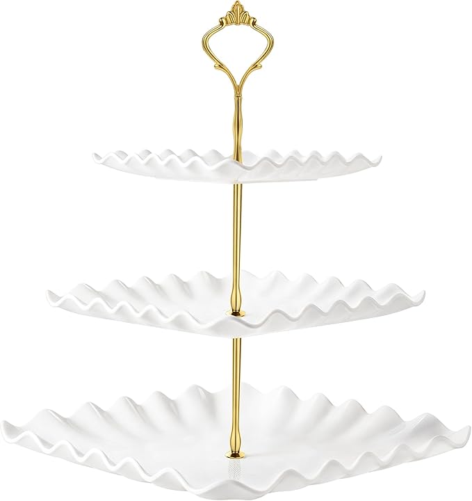 DAFURIET Dessert Cupcake Stand, 3 Tier Cup Cake Holder Tower for Tea Party/Birthday/Wedding, Plastic Tiered Serving Tray with Metal Rod, White