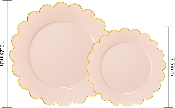 LIYH 60 Pcs Pink Plastic Plates with Gold Pink Plates Disposable Plate Set Includes 30 Dinner 10.25" and 30 Dessert Plate 7.5" for Baby Shower,Weddings,Parties,Birthday