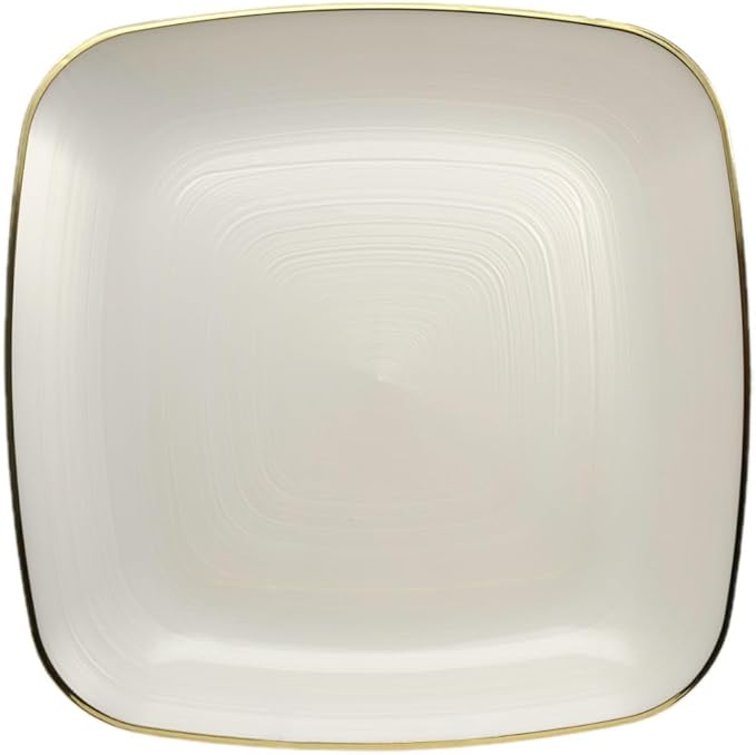 " OCCASIONS " 50 Plates Pack (25 Guests)-Wedding Party Disposable Plastic Plate Set -25 x 10'' Dinner + 25 x 7'' Salad & Dessert plates (Belize Square in Ivory & Gold)