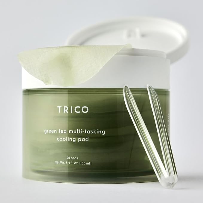 TRICO Green Tea Multi-Tasking Cooling Pad, 3-1 Korean Toner Pads with Depuffing, Cooling & Moisturizing Effects for All Skin Types - Green Tea Water from Jeju Island, Lemon & Honey Extract - 90 Pads