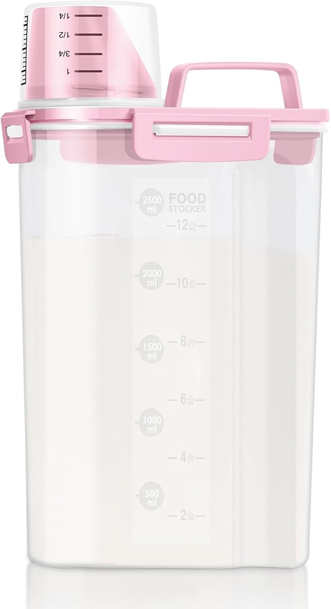 LEAWALK Airtight Rice Storage Container, 3 to 5Lbs Cereal Dry Food Flour and Sugar Bin, Pet Dog Cat Food Dispenser with Measuring Cup, BPA Free Clear Plastic Kitchen and Pantry Organization Bin-Pink