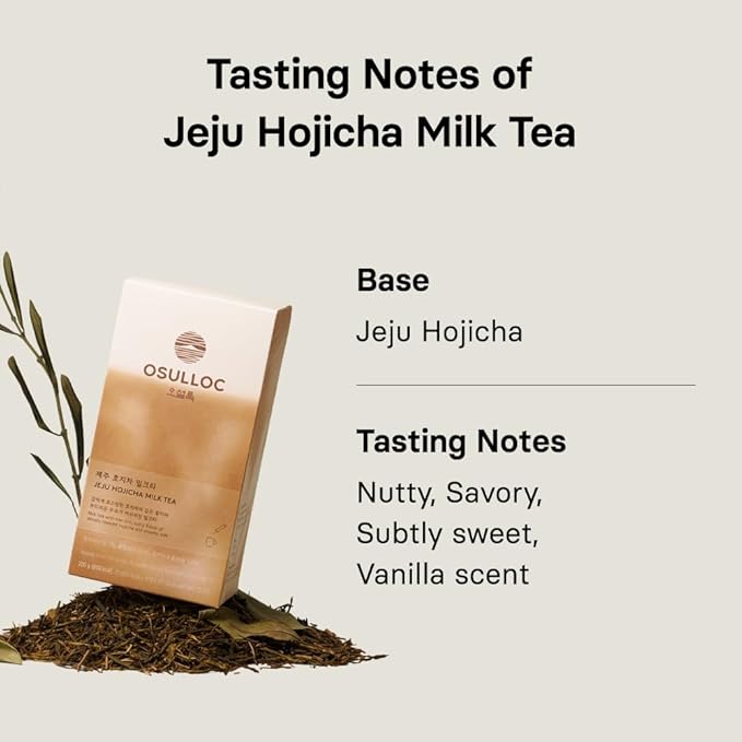 OSULLOC Jeju Hojicha Milk Tea (7oz X 10 Packets), Roasted Hojicha Latte Powder with Vanilla Notes, Instant Milk Tea Drink, Lightly Sweetened