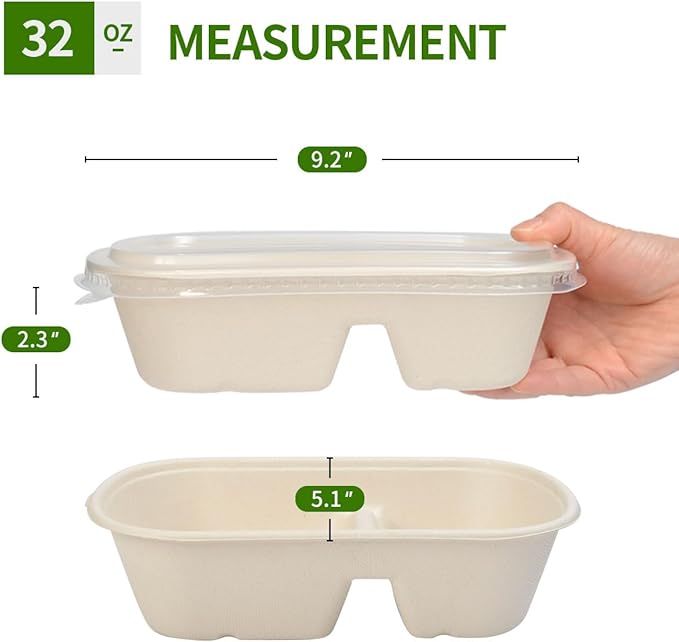 50 Pack Large 2 Compartment Paper Bowls with Lids, Divider Food Containers Disposable for Main Dish with Sides, Chip Dips (50 Bowls 50 Lids)