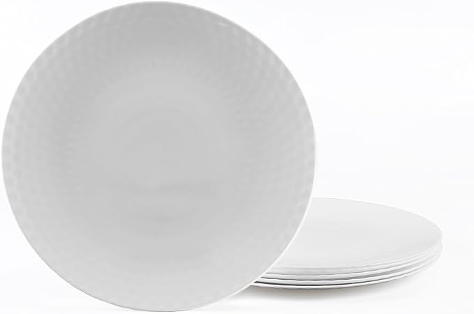 LaGlint 10.5 inch Dinner Plate Set of 6, Round Opal Glass Geometric Faceted White Dinnerware Plates, Dishwasher and Microwave Safe