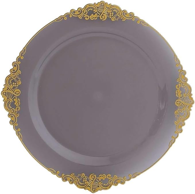 Efavormart 10 Pack | 10" Translucent Black and Gold Baroque Dinner Plates, Leaf Embossed Metallic Rim Heavy Duty Serving Plates for Modern Industrial Galas