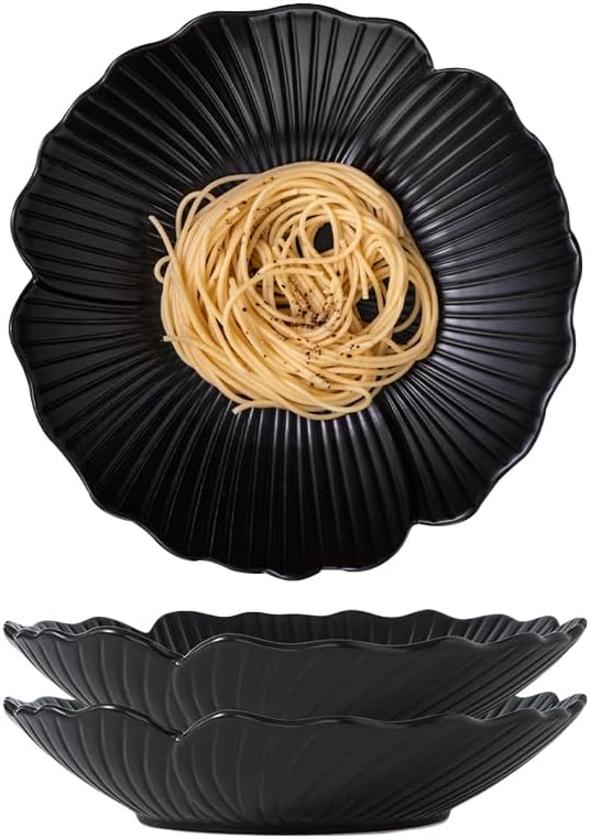 CLAY TONIC Set of 3-10 Inch Japanese Style Flower Petal Shaped Porcelain Round Dinner Plates/bowl, Versatile Circular Serving Plates for Pasta, Salad, Steak Dinner (Black, 10 Inches)