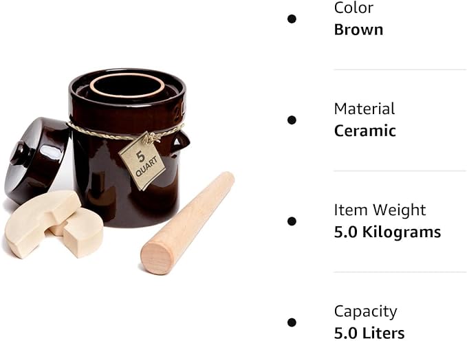 Fermentation Crock 1 Gallon - Sauerkraut Crock with Lid, Weights & Pounder - Ceramic Fermenting Crock Kit for Pickling Cabbage Kimchi Vegetables - 4 Liter Fermentation Jar - Stoneware Pickle Pot