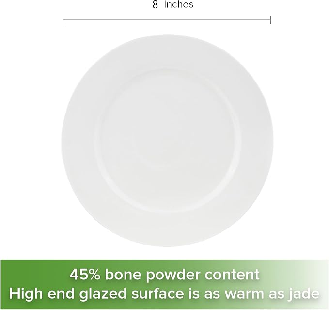 Fine Bone China Dessert Plates 6-Piece, Cake Plate, Side Plate 8 Inches, Fine Glaze With Pure White Color Sturdy and Durable, Thin Thickness and Light Weight, Microwave and Dishwasher Safe