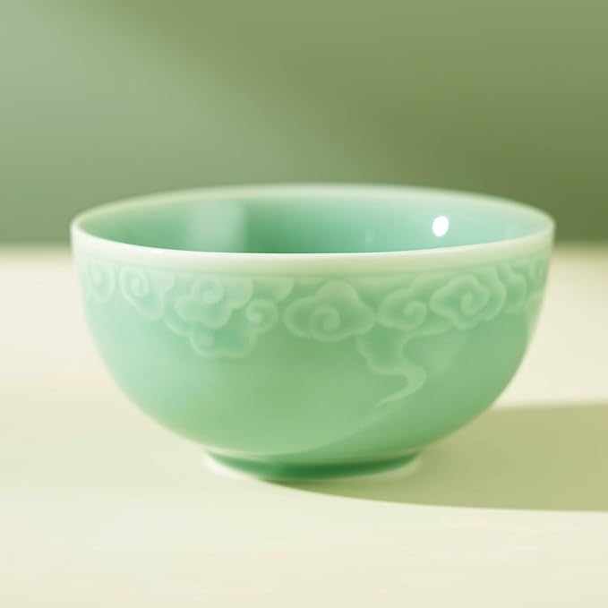 4.5" Green Porcelain Bowls Set of 2,Genuine Longquan Celadon 9.8 Oz Rice Bowls -Classic Cyan