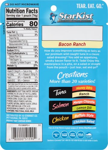 StarKist Tuna Creations Bacon Ranch Pouch (2.6 oz - 2 Pack) Wild Caught, High Protein Shelf Stable Seafood, Gluten Free, Soy Free, Kosher, No Draining, Ready to Eat for Salads and Sandwiches