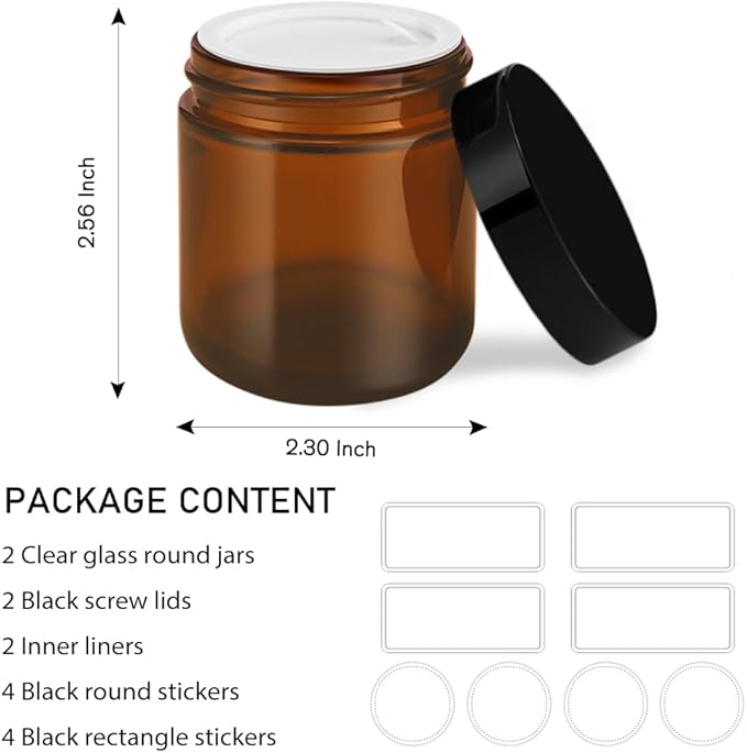 Small Glass Containers with Lids, Tecohouse 4 oz Glass Jars with Black Lids & Inner Liners,Blue and Amber Mini Travel Toiletries Container for Slime, Makeup, Cream, Lotion, Cosmetic - 2 Pack