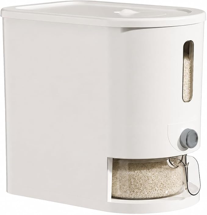Rice Storage Container with Measuring Cup, Food Grain Dispenser for Dry Goods, Multi-Purpose Kitchen Pantry Storage Box (White-10 pounds)