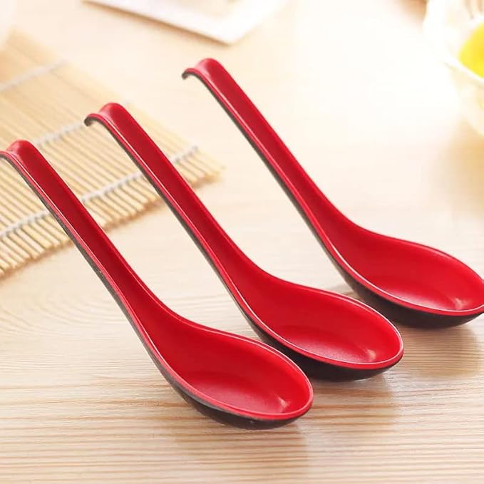 2 Pack - Red and Black 6.5-inch Asian Soup Spoon with Hook– Fuji Chinese Japanese Korean Style Spoon, Perfect for Melamine Won Ton Rice Pho Soba & Ramen Noodle Soups