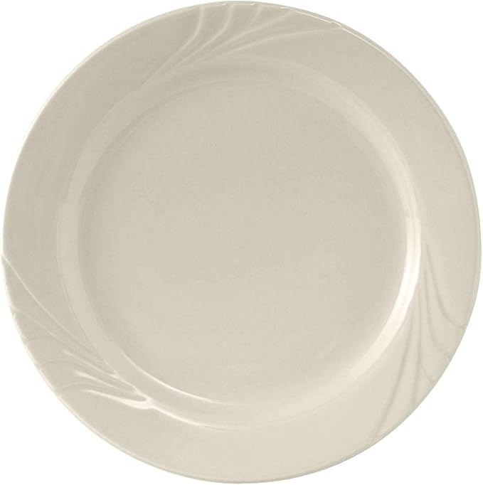 Tuxton China YEA-096 Plate, 9-3/4" Diameter, Round, Wide Rim, Embossed, Microwave and Dishwasher Safe, Oven Proof, Fully Vitrified, Ceramic, TuxCare, Healthcare, Monterey, Pack of 24