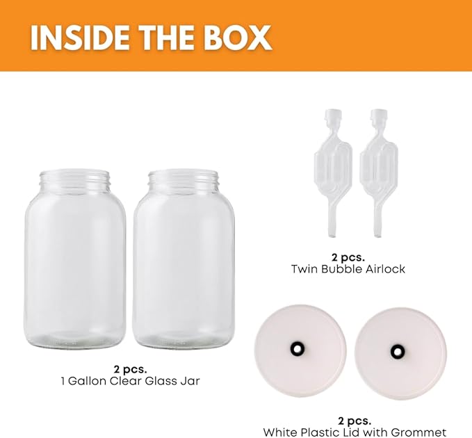 FastRack 1 Gallon Mason Jar Wide Mouth & Twin Bubble Airlock (Pack of 2) | for Fermentation, Pickling, Brewing & Dry Storage – BPA-Free One Gallon Glass Jar with Lid