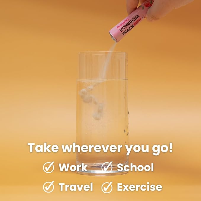 Unha's Everyday Kombucha Tea Powdered Beverage, 20 Sticks, Sparkling Powder Drink, Prebiotics, and Probiotics Sugar-Free - Peach Flavor
