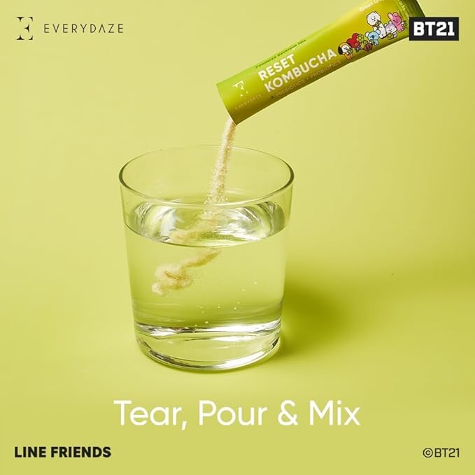Everydaze BT21 Reset Kombucha Tea Powdered Beverage Mix | 10 Sticks | Prebiotics + Probiotics | Vegan | No Added Sugar, Gluten Free, Sparkling Powder Drink Pack (Green Grape)