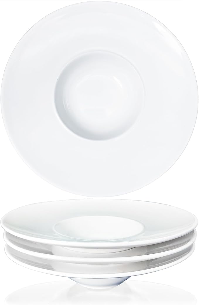 Ceramics Rimmed Soup Bowls 5.1 oz, White 8.5 inch Exquisite small soup plate Set of 4, Pasta plates With Rim is the best choice for hotels, kitchens, fine restaurants and gourmets