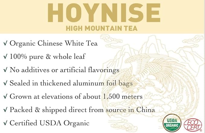 HOYNISE - Organic White Tea Loose Leaf - Moonlight White Tea - Naturally Smooth Flavor - High Elevation Grown - Rich in Antioxidants, 25 Cups/1.76oz