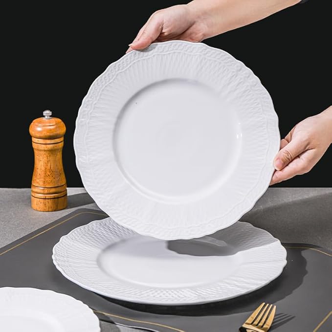 10 Inch Porcelain Dinner Plates Set of 4,Serving Dishes,White,Embossed,Heat Resistant,Scratch Resistant,Highly Glossy Glaze,Dishwasher safe,Microwave safe (Moonshine 10'')