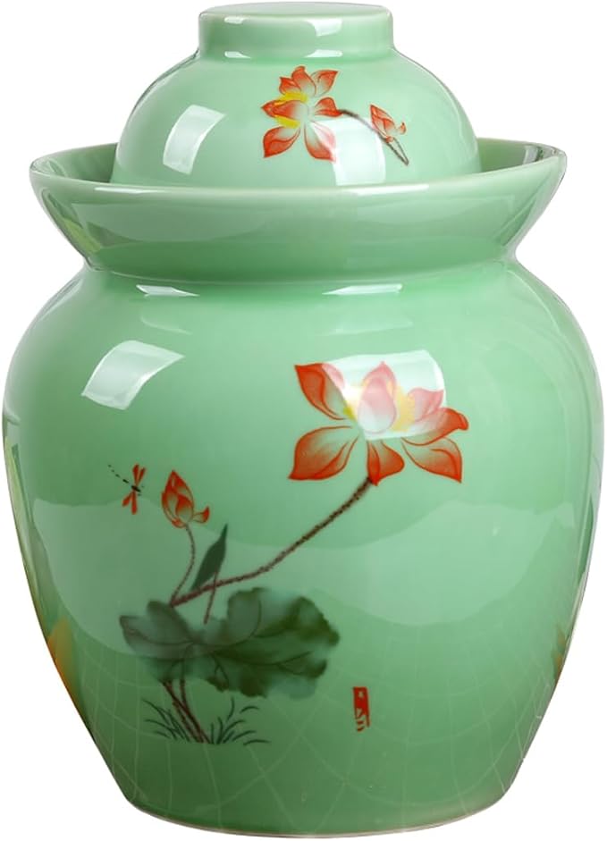 MRYBD Chinese Ceramic Pickle Jar with Lids,Kimchi Containers, Fermentation Jar, Fermentation Jars Ceramic Pots, Sealed Fermentation Jars with Lids, Sauerkraut Crock Green-1.75L