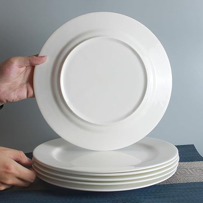 IQCWOOD Fine Bone China Dinner Plates 6-Piece, 10.5-inch Flat Plate for Pizza Steak, Pure White Fine Glaze, Thin & Lightweight, Microwave & Dishwasher Safe