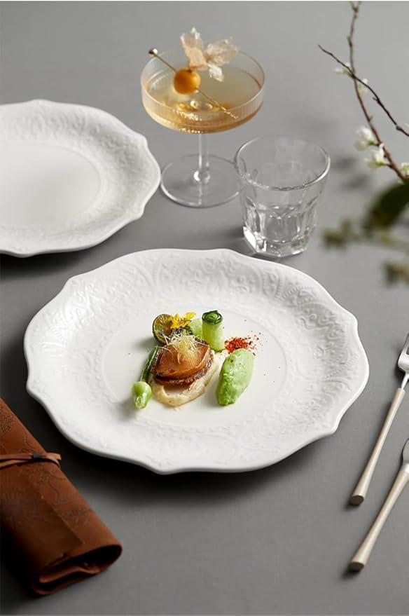 SOUJOY Set of 6 Porcelain Dinner Plate, 10.5'' White Dinner Dish, Embossed Printing Dinnerware Plate for Dinner, Restaurant, Family Party and Kitchen, Microwave, Dishwasher Safe