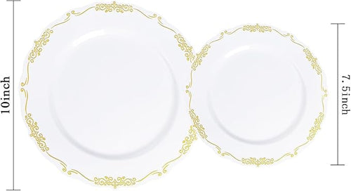 U-QE 100PCS Gold Plates Disposable - Heavy Duty White and Gold Plates Including 50PCS 10'' Dinner & 50PCS 7.5'' Dessert Plates Perfect for Upscale Party, Wedding