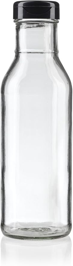 JUVITUS 12 oz Professional Clear Glass Thick Wall Sauce Bottle with Drip Resistant Flip Top Cap (4 Pack) for BBQ Sauce, Salad Dressings, more