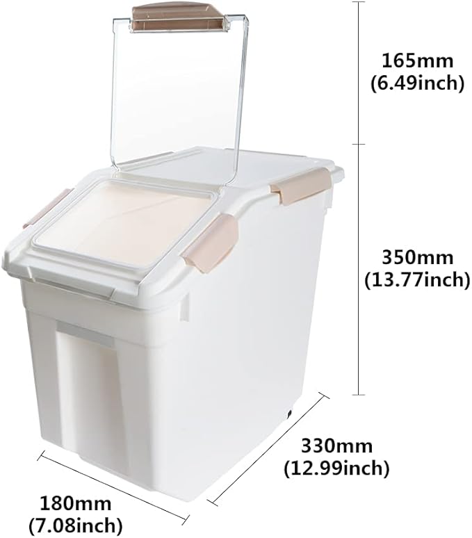 Airtight Flour Storage Container 25 lb Rice Storage Container with Wheels Seal Locking Lid, Food Containers with Measuring Cup& Scoop for Flour, Rice, Grain(Pink)
