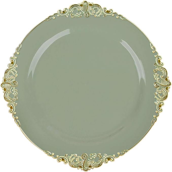 Efavormart 10 Pack | 10" Dusty Sage and Gold Baroque Dinner Plates, Leaf Embossed Metallic Rim Heavy Duty Serving Plates for Greenhouse Events